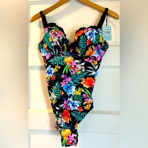 Tropical Floral One-Piece Swimsuit - Black with Multicolor Print